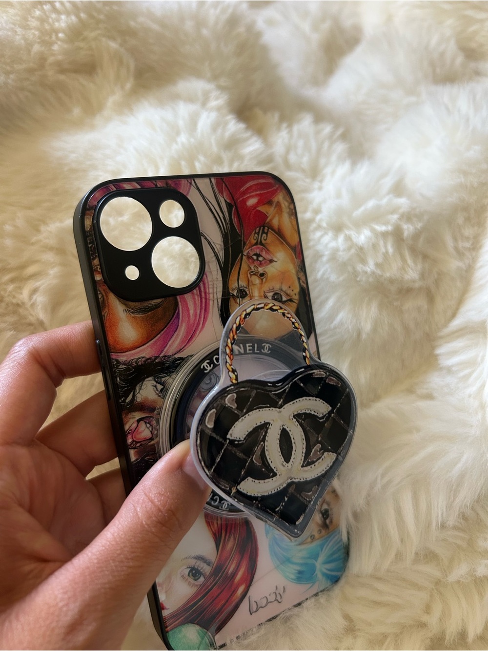 CHANEL Black Heart PopSocket Phone Case with Colorful Art